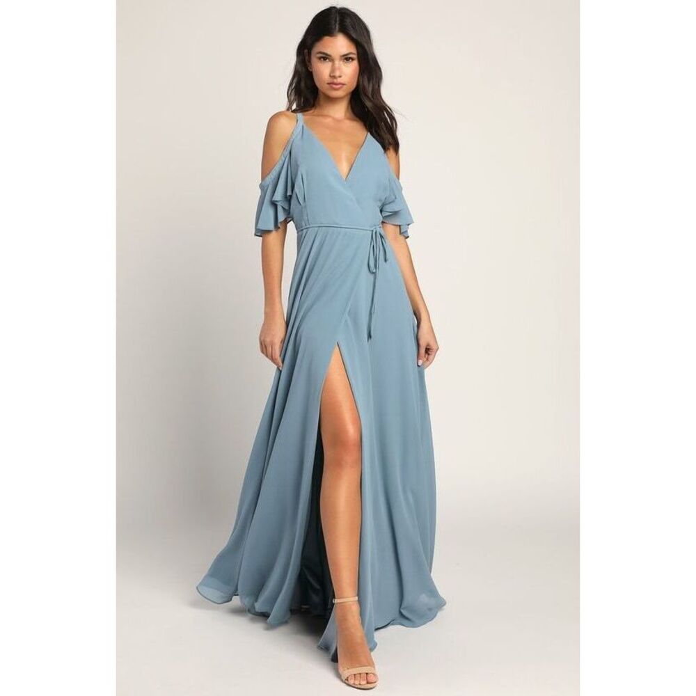 Lulus Easy Listening Slate Blue Cold-shoulder Wrap Maxi Dress - Size L
